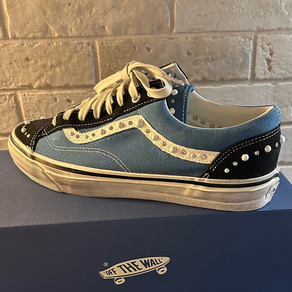 Vans Low Top Sneakers in Blue, Black & White with Pearl Studs
